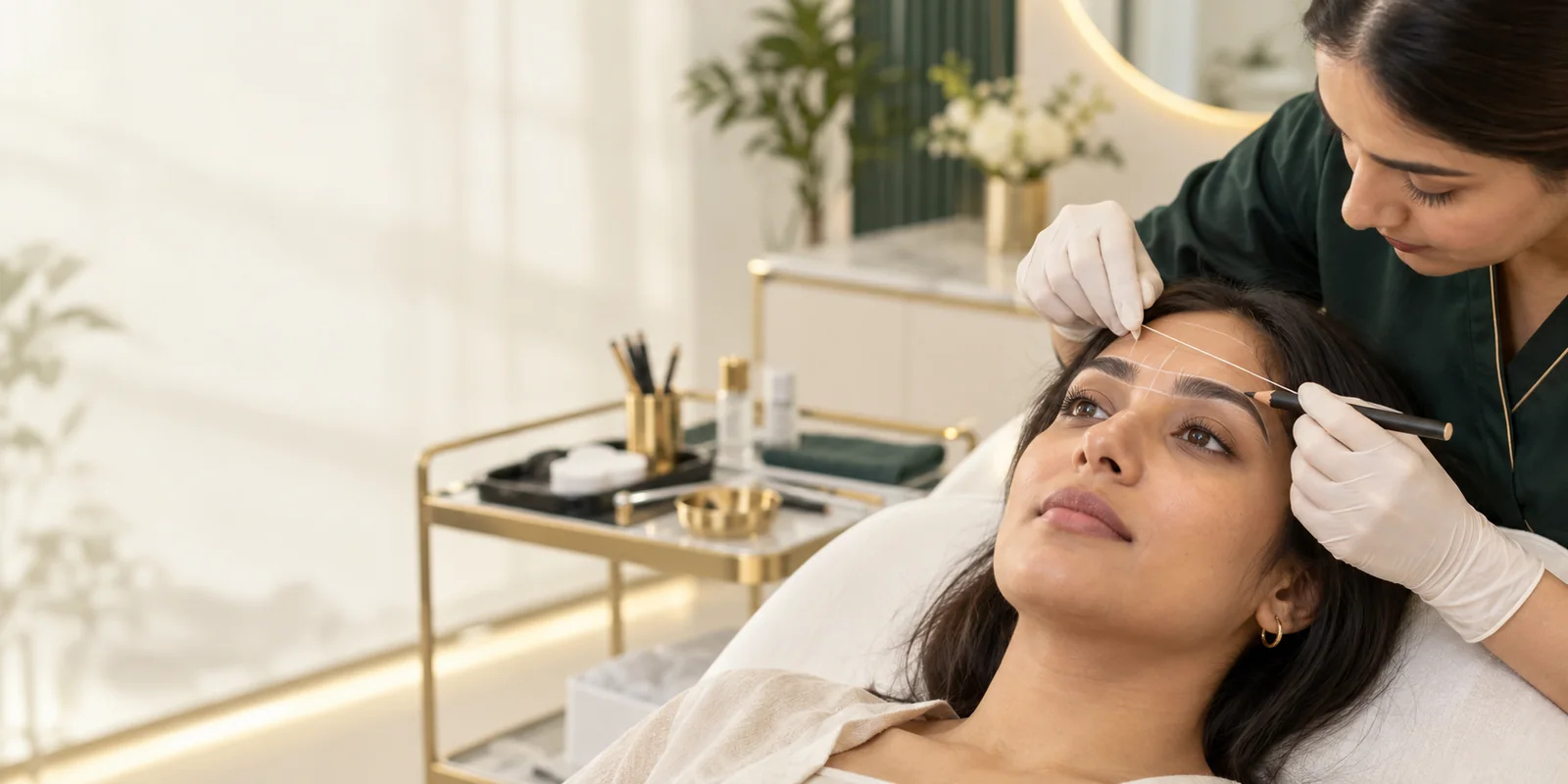 Brow artist mapping a client’s eyebrows before microblading