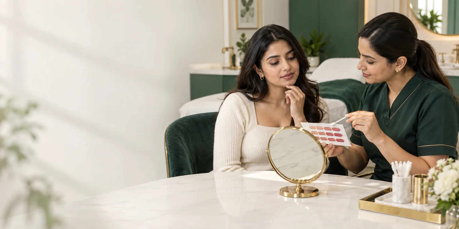 Client choosing a natural lip-tint shade with a cosmetic artist