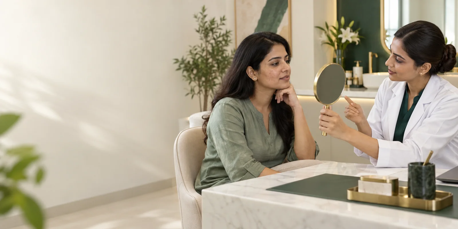 Clinician assessing facial pigmentation during a consultation